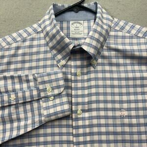 Brooks Brothers Regent Large Plaid Button Down Shirt Blue Salmon 100% Cotton